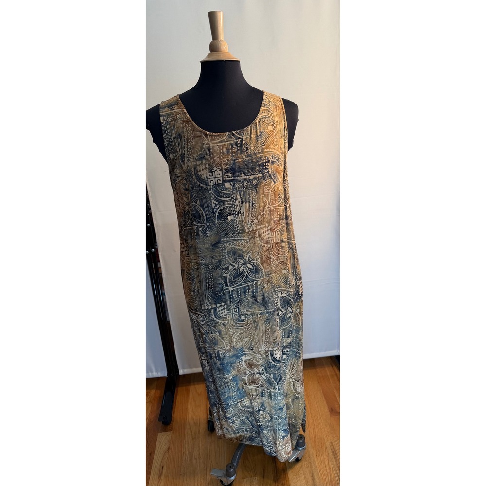 Chicos Design Tribal Batik Print Rayon Maxi Dress Brown Blue Women's Size 2 L XL